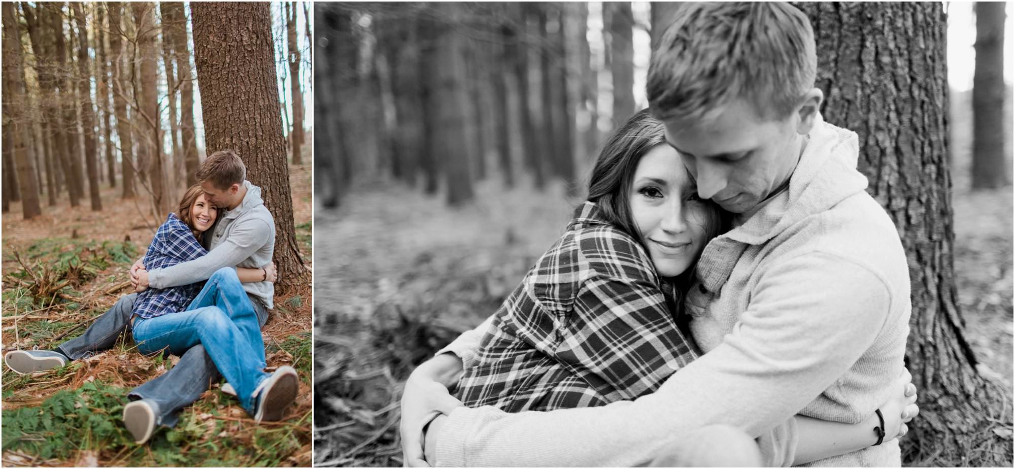 black and white woods engagement session