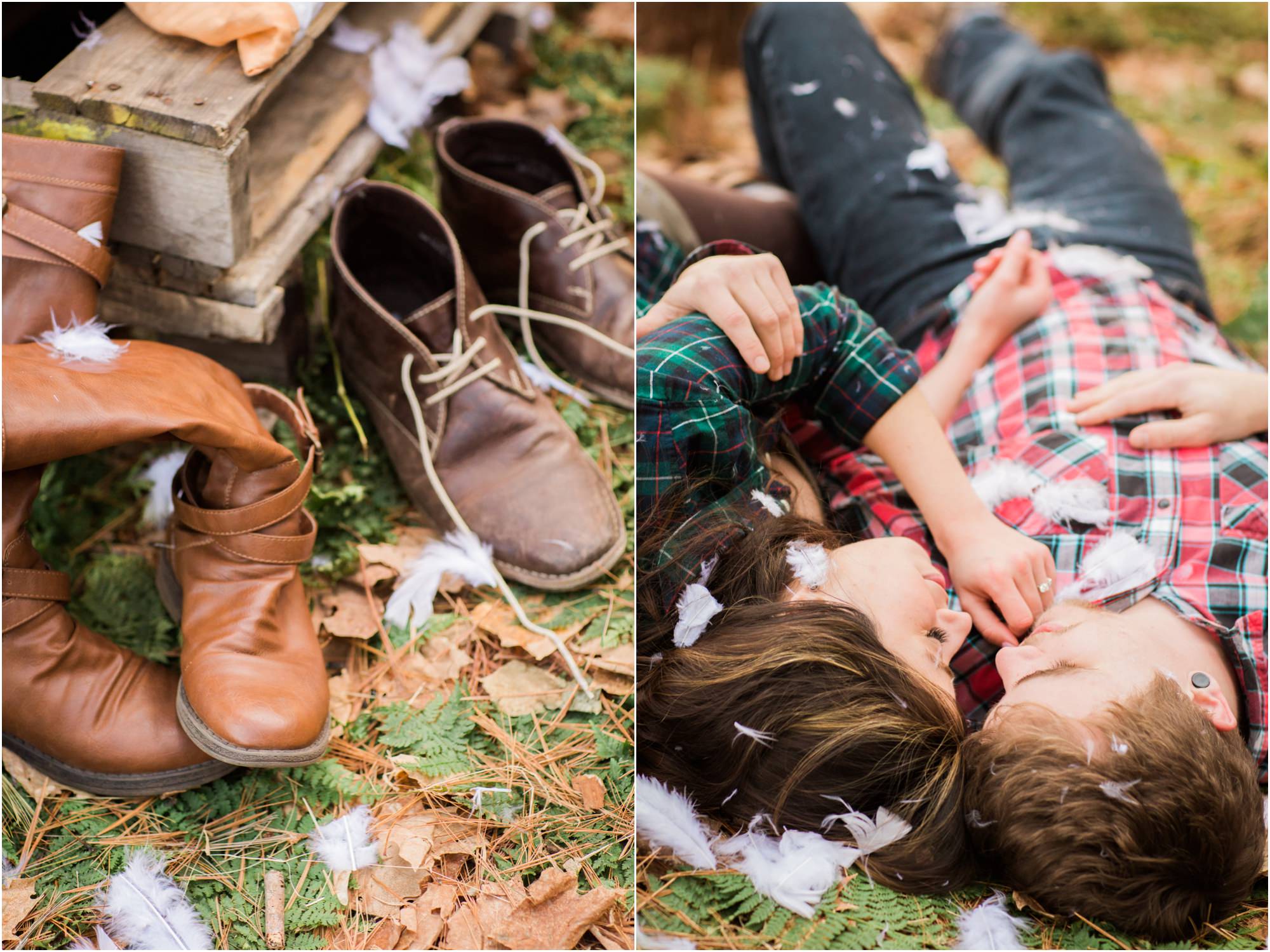 couple laying in the woods after pillow fight engagement session