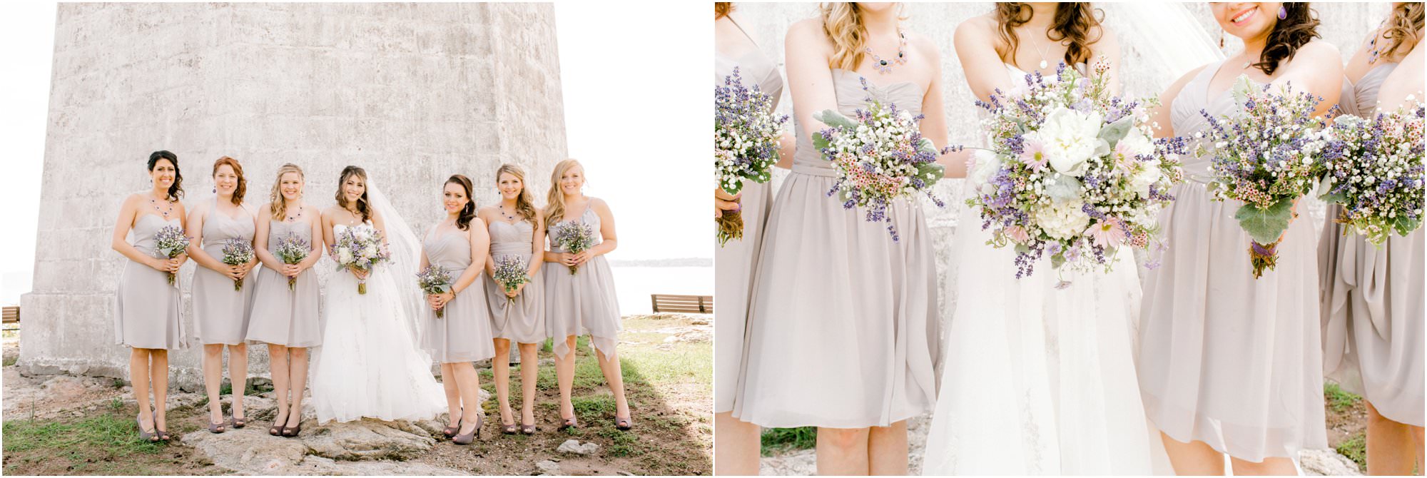 lavender bridesmaid dresses, bridesmaids at lighthouse
