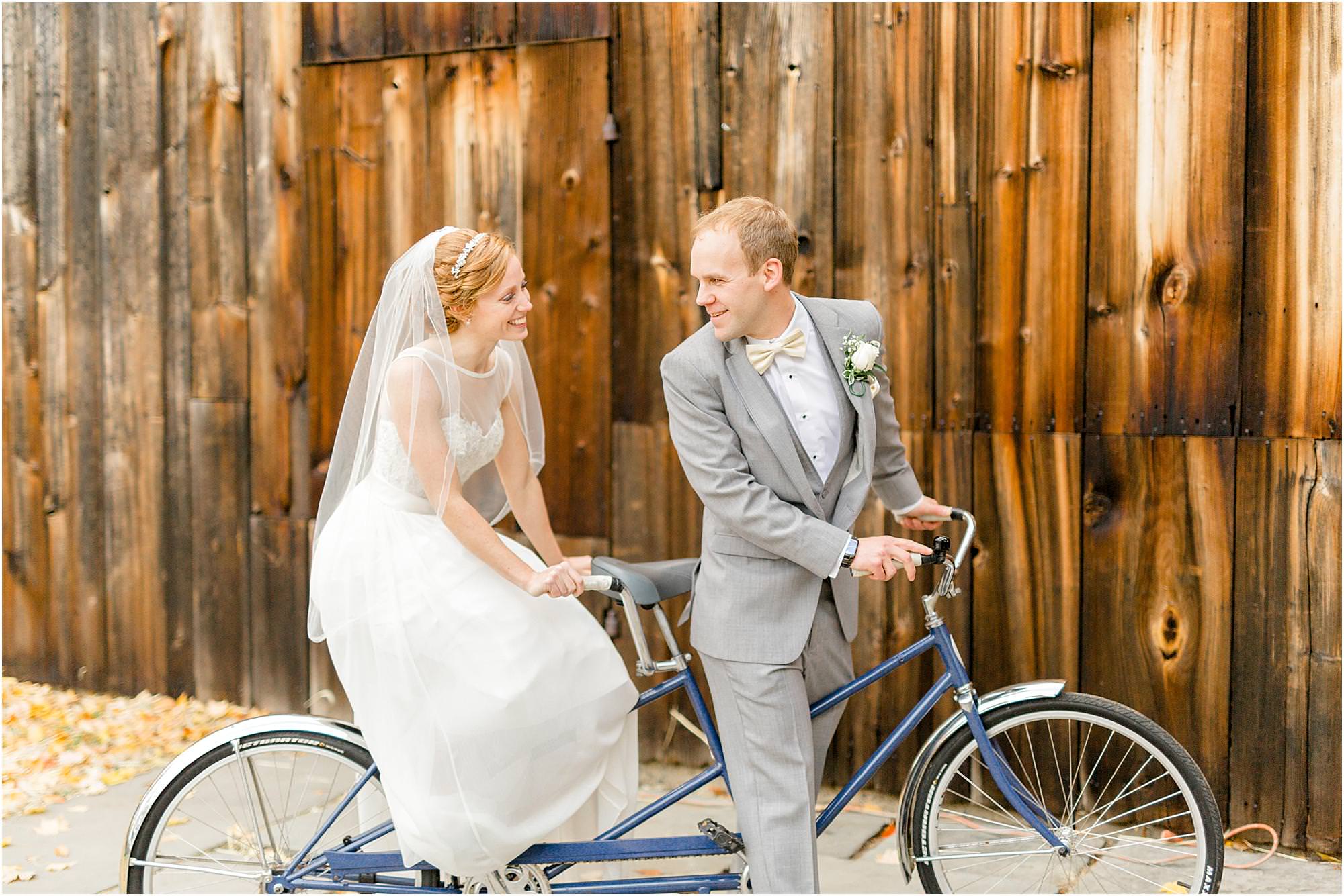 tandem bicycle wedding photos
