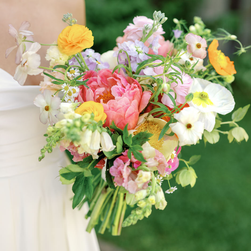 Colorful wedding bouquet at Eolia Mansion wedding in Waterford, Connecticut.