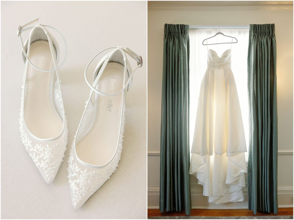 image of wedding shoes and wedding dress hanging in window at Eolia Mansion