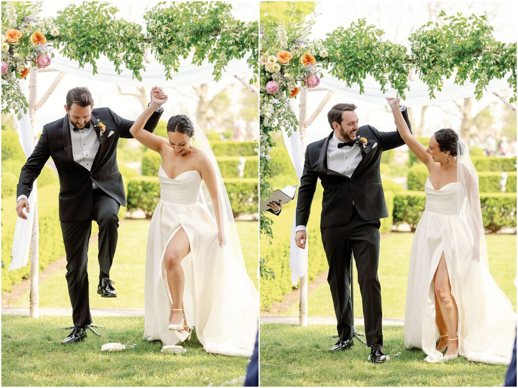 bride and groom in wedding attire breaking the glass at jewish ceremony at their summery eolia mansion wedding