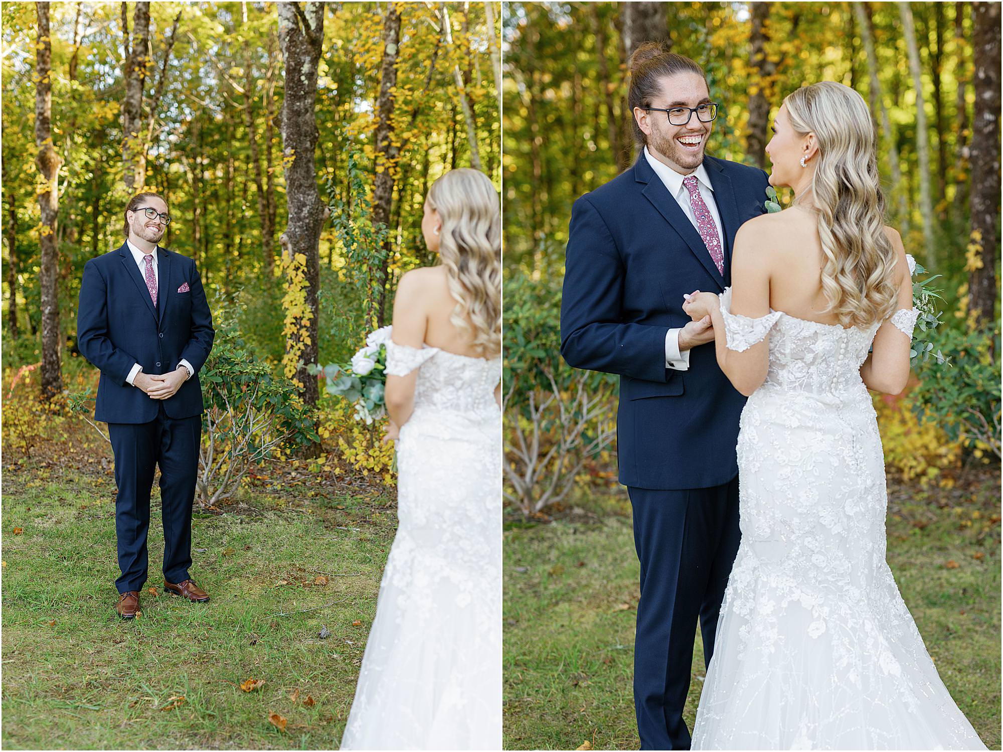 Couple seeing each other for a first look before their wedding at Stonehurst at Hampton Valley in CT