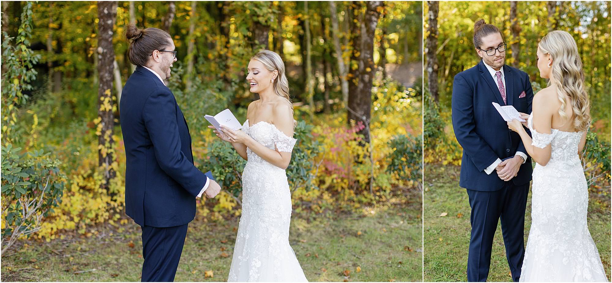 Couple reading each other private vows before their wedding ceremony at their first look