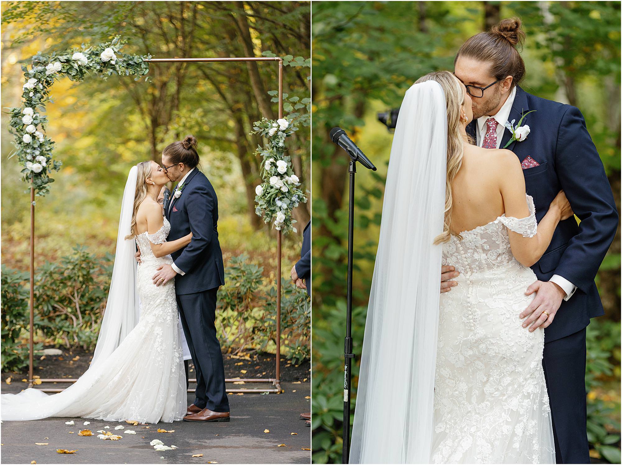 Bride and groom's first kiss after ceremony at romantic Stonehurst at Hampton Valley wedding
