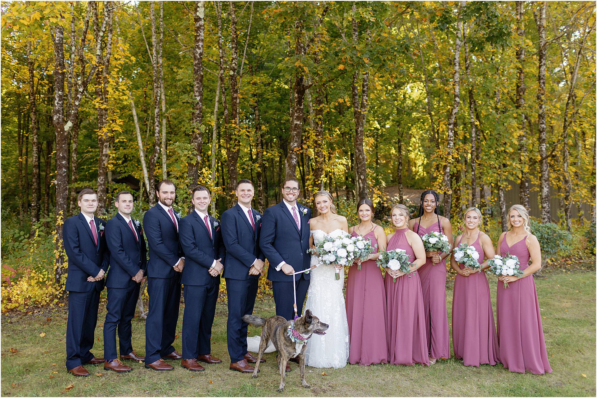 Bridal party with their dog at romantic Stonehurst at Hampton Valley wedding