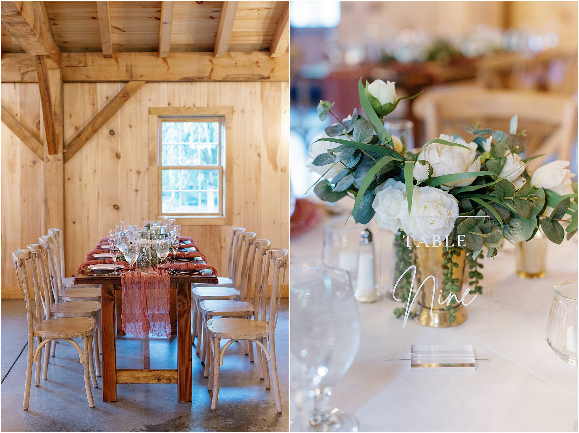 Table details inside of barn at romantic Stonehurst at Hampton Valley wedding