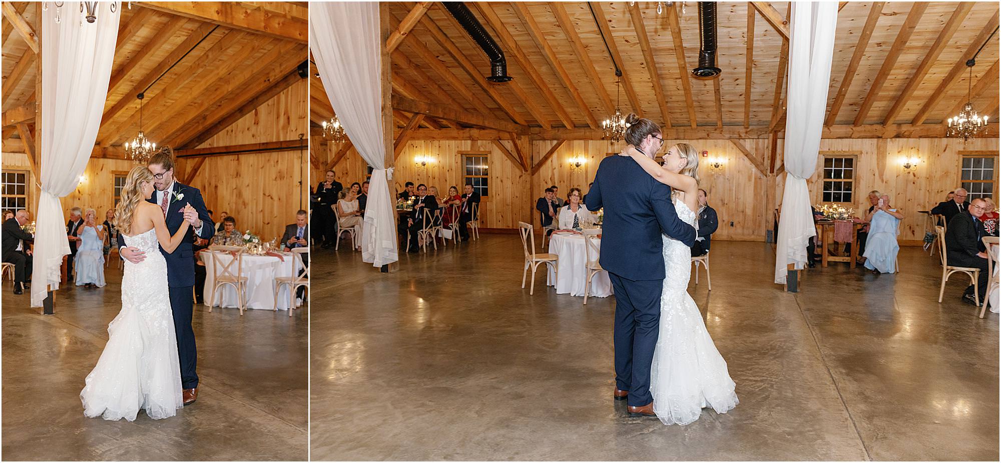 Couple having their first dance at barn venue in Connecticut